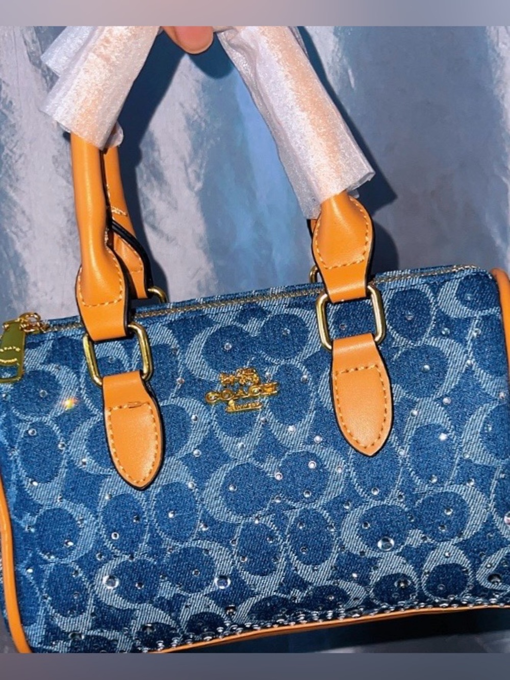 Mini Coach Blue Denim Satchel with Tan Leather Trim